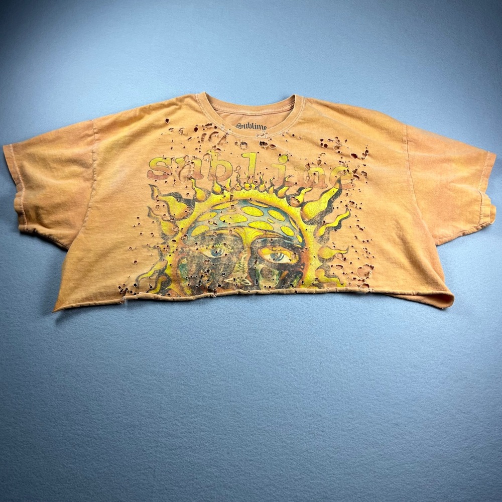 Sublime Sun Graphic Crop Top T-Shirt Orange Distressed Grunge Womens L/XL